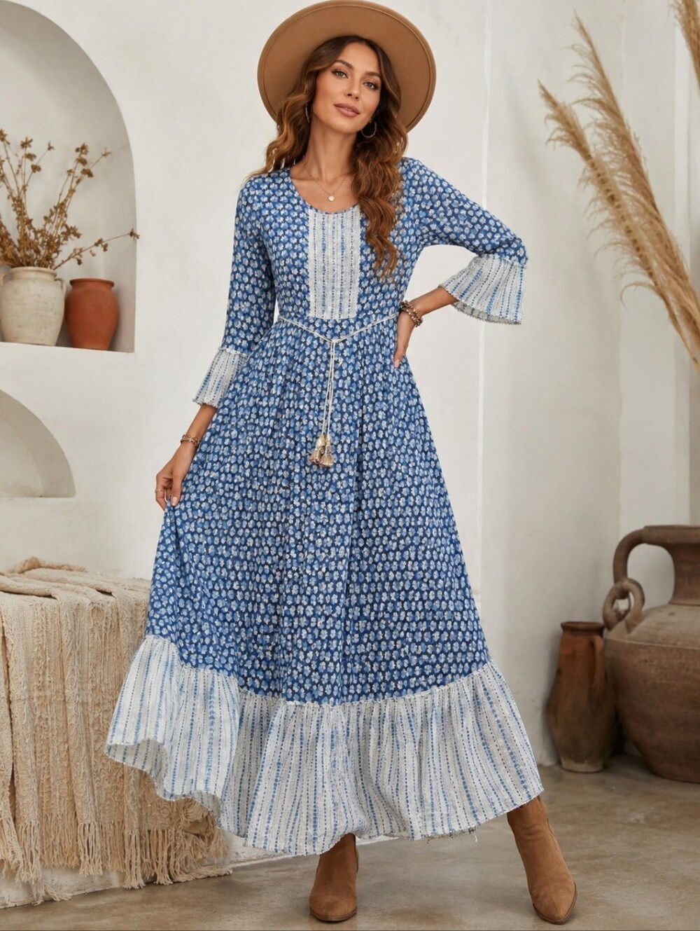 Colorways Blue & White Boho Maxi Dress Small